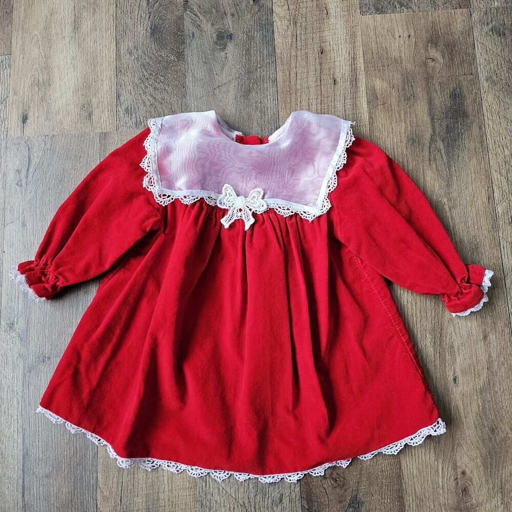 Vintage baby girl red velvet dress with lace trim, size 12 months, by Chuckles.